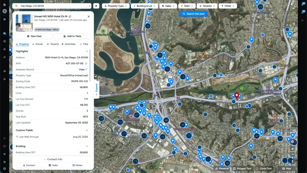 The Unreal explore map with a property panel open over San Diego